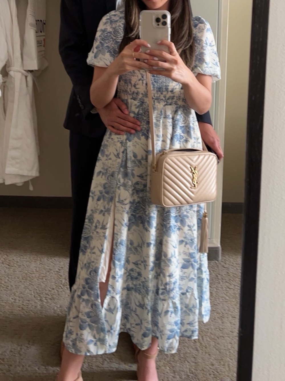 Smocked Blue Floral Midi Dress with Puff Sleeves